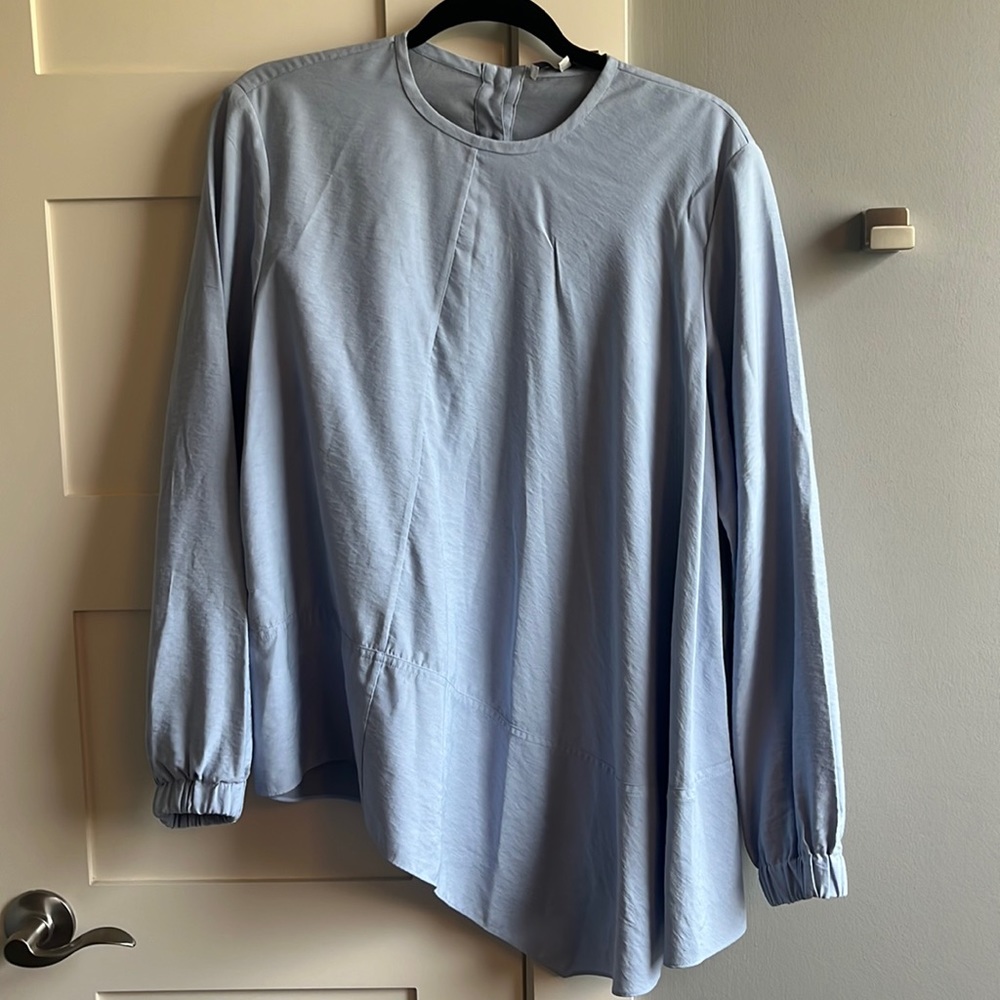 Tibi 2 light blue asymmetrical blouse button detail elastic sleeves top shirt